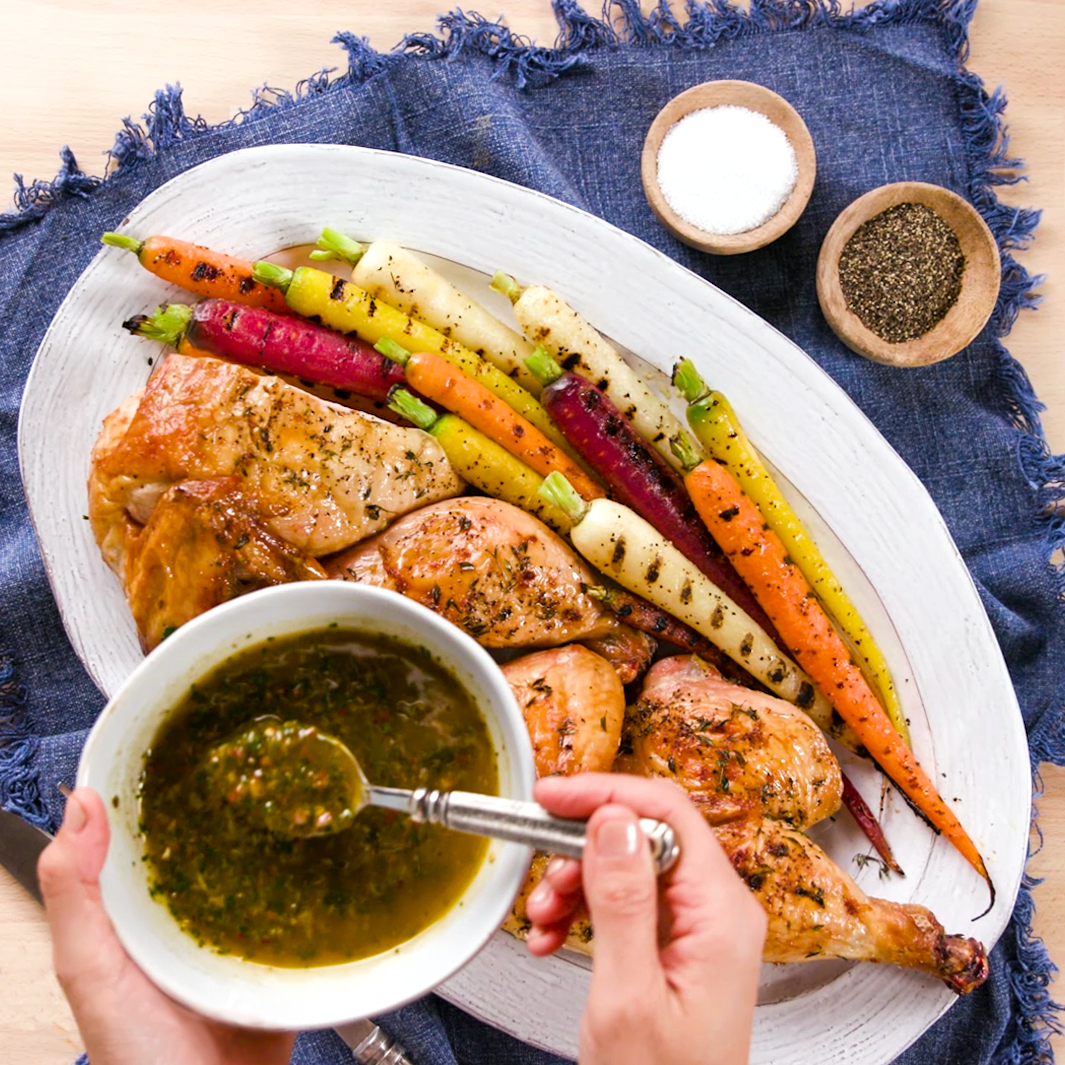 Grilled Rainbow Carrots with Cilantro Parsley Chimichurri Sauce - Grimmway Farms