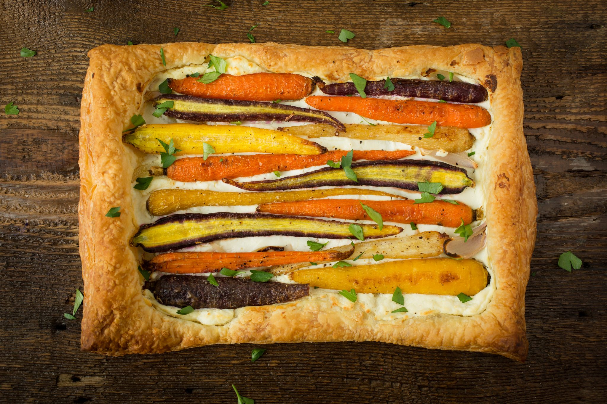 Rainbow Carrot Tart with Goat Cheese & Herbs Grimmway Farms